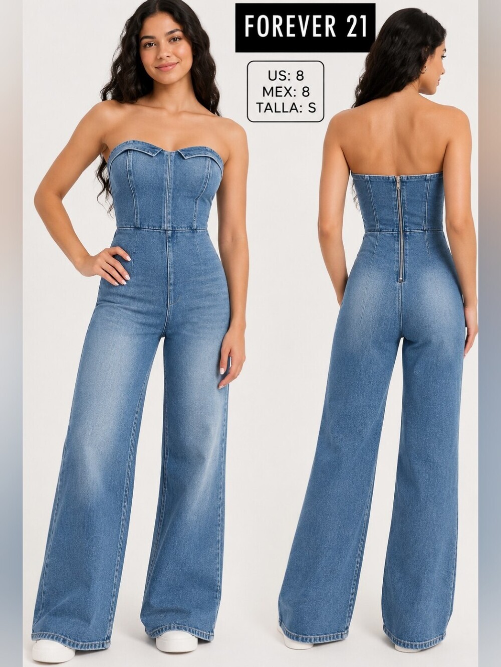 Forever 21 Denim Strapless Jumpsuit Women’s S Blue Wide Leg Jeans.